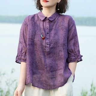 벌룬 소매 면마 블라우스 봄 여름 반팔 중년 블라우스 셔츠 여성용