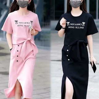 레터링 프린트 반팔 스커트 세트 봄여름 여성용 반팔티셔츠+밴딩 롱 치마 캐주얼 오버핏 츄리닝투피세트