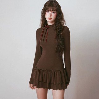 ORZQU 가을 여성 폴라 슬림 긴팔 솔리드 티 원피스