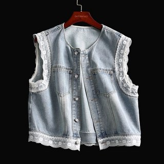 여성용 데님 조끼 라운드 빈티지 레이스 패치 민소매 조끼 Women's Vest