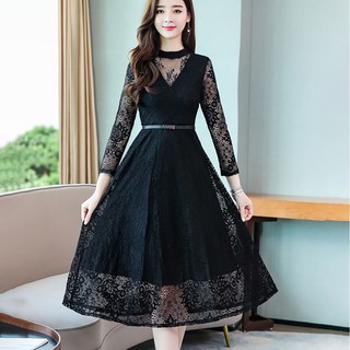 ROYALBELLE 여성 라운드넥 레이스 원피스 패션 슬림핏 허리밴딩 미디 긴팔 A라인 원피스 D0031313