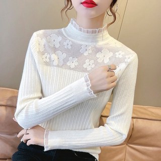 하에넥 반목티 꽃문의 배치 레이스 블라우스 슬림 신축성 좋은 여성상의 단색