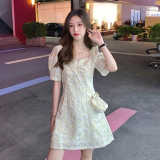 크레스티 여성 귀여운 슬림핏 퍼프 쇼트 치마 여름 일상 플라워 반소매 미니 원피스