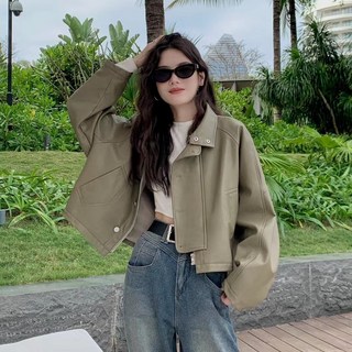 Beyond Nice 카키베이직 무광 숏카라 루즈핏 가오리핏 지퍼 버튼 레자 데일리 가죽 라이더 자켓