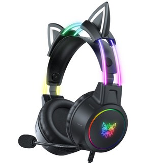 ONIKUMA 고양이귀 유선 RGB 게이밍 헤드셋 가상 7.1 usb 노이즈캔슬링 마이크 X15 PRO, 블랙