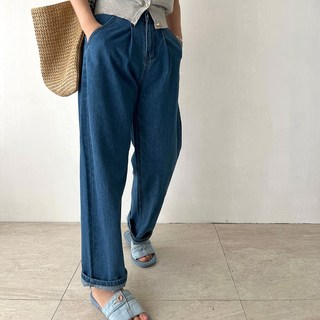 네모엔룩 여성용 세미배기청 앞핀턱주름 워싱 보이핏 와이드 데님 팬츠