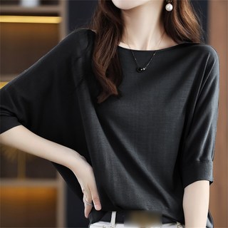 ROYALBELLE 여성 레이온 루즈핏 라운드넥 반팔 티셔츠 패션 5부소매 블라우스 M0050329