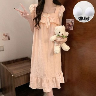 야오야오 여성용 일체형 캡내장 프릴 리본 나시 원피스 잠옷