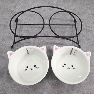 고양이삼총사 반려동물 도자기 2구 식기 밥그릇 물그릇 열탕 살균소독 식기세척기 가능 고양이 간식 식탁 눈금표시 사기 철제 프레임 세트, 1개