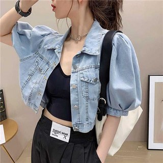 오버핏 데님 가디건 반팔 청자켓 여성용 상의 퍼프소매 싱글 단추 셔츠넥 캐주얼 크롭 D99U
