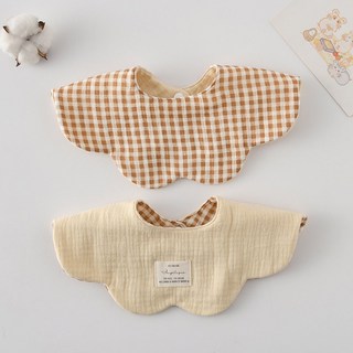 양면 사용 아기 턱받이 웨이브 레이스 부드러운 면 트리밍 타액수건, Milk tea Grid, 1개