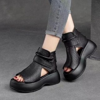 가죽펀칭 매쉬 부츠 오픈토 통굽 웨지 키높이 여름