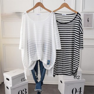 ROYALBELLE 여성 레이온 니트 얇은 스트라이프 반팔 티셔츠 패션 루즈핏 빅사이즈 라운드넥 티셔츠 D0021707