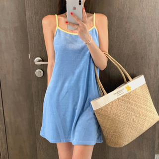 (미니 롱 ver) 타올 비치웨어 랍빠 배색 스퀘어넥 테리 루즈핏 끈 나시 롱 미니 원피스 5color 커버업