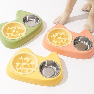 앙플러스 강아지 고양이 식습관개선 급체방지 슬로우 식기 밥그릇 2구, 1개, 라이트옐로우