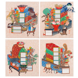 율아트 책거리도 39종 민화그리기 취미 컬러링 그림 그리기 세트 민화도안 본그림 원데이클래스, 4-1-2 디자인 책가도 8폭, 일반 용지(얇은 백상지), 중형 사이즈 580x250mm, 1개