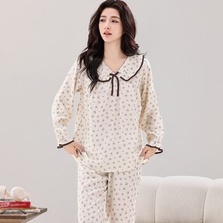 AOKADA 여성 잠옷 파자마 리틀슬로스 홈웨어 실내복 카라 긴팔 바지 세트