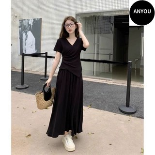 ANYOU 여성 세트 여름 반팔 상의+스커트 세트