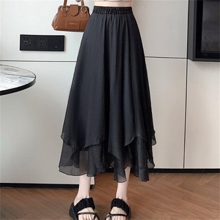 besteffie 여름 여성용 고급 허리밴딩 레이어드 스커트 우아한 쉬폰 롱스커트 빅사이즈 K71