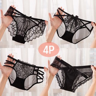 여성 블랙 레이스 팬티 밑위 순면 여자팬티 4종세트 섹시 망사 삼각팬티