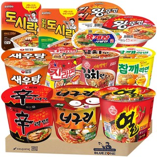 [블루존] 용기컵라면 12종 1세트 농심(신라면+너구리+새우탕+육개장사발면)+오뚜기(진라면매운+김치면+열라면+참깨)+팔도(왕뚜껑+김치왕뚜껑+팔도도시락+김치도시락), 1개