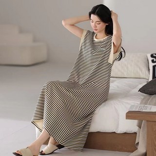 ROYALBELLE 여성 일체형 브라탑 민소매 홈웨어 롱 스트라이프 잠옷원피스 Z0050405