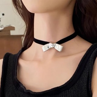 여성 블랙 벨벳 스트랩 실버 리본 레이어드 초커 목걸이 A1541