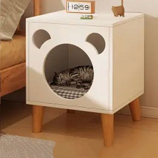 YAPOGI 협탁 고양이 집 사물함 침대 고양이 하우스, 1개, 화이트+호두색