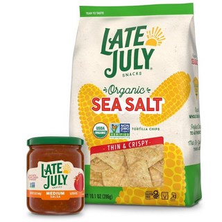 Late July 과자 칩 레이트 쥴리 스낵 화이트 콘 토르티야 딥퍼스 7.4 온스, 바다 소금 & 중간 살사, 10.1 온스 봉지 & 15.5 온스 병, 1개