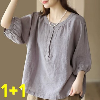 2P/1+1 5부소매 라운드넥 오버핏 면마셔츠 박시 셔츠 데일리 순색 캐주얼 지길 풀오버 빈티지 린년 셔츠 블라우스