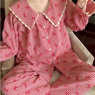 PETITBATH여성 체크 플란넬 레이스카라 파자마 투피스 세트 루즈핏 소프트 홈웨어 lyy2220250818