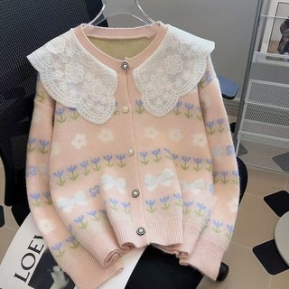 쁘띠꼬모 여성 레이스 카라 플라워자카드 니트 가디건 데일리 페미닌 QXT581124