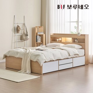 보루네오 올리 LED 깊은수납 침대 본넬매트리스 세트 퀸 Q, 오크W