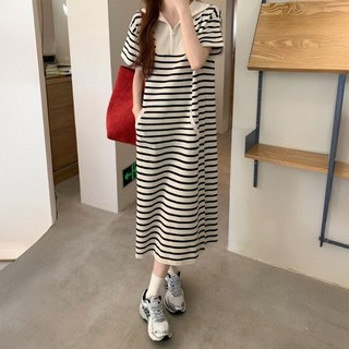 탑트레일 스트라이프 카라 미디 원피스 캐주얼원피스 빅사이즈원피스 편한원피스