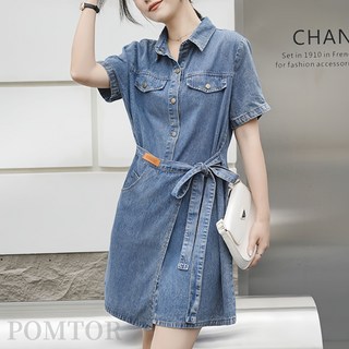 POMTOR 여성 여름 데님 원피스 반팔 카라 셔츠 요대 원피스