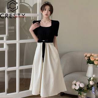 크레스티 여름 하이웨스트 퍼프 허리끈 롱 원피스 플레어 배색 스퀘어넥 하객룩