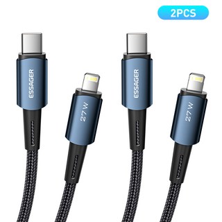 Essager 아이폰 8핀 to C타입 PD 27W 고속 충전 케이블, 2개, 블루, 2m