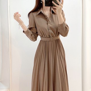 쪼예 카라넥 허리 벨트 쉬폰 주름 플리츠 긴팔 셔츠 롱 원피스