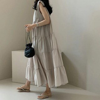 바캉스 썸머 여성 데일리룩 햅번 수지 루즈핏 바스락원피스 한소희 로로희 펀칭 민소매 프릴 원피스 A04