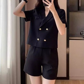 WEIHAN 여성 크롭 반팔 정장자켓 반바지 투피스 캐주얼 여름 블레이저 오피스룩