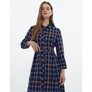 24SS [클리어런스]네이비 하우스 체크 울혼방 반집업 셔츠형원피스 DLDR4BE21N3