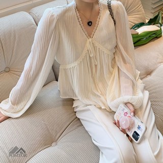 POMTOR 여성 춘하 흰색 셔츠 긴팔 남방 브이넥 셔츠 프릴 블라우스