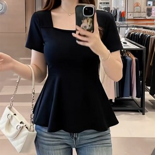 유니픽여성 봄여름 기본형 사각네크라인 반팔 블라우스 편안한 허리라인cjg