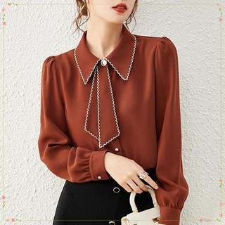 Gradle 여성 쉬폰 타이블라우스 빈티지 레귤러핏 폴로 버튼입체장식 디자인 블라우스 긴팔 시폰 셔츠 이너상의 여성스러운 스타일블라우스 A18