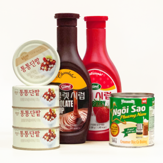 팥빙수 재료 세트 복음자리 통통단팥 연유 딸기시럽 초코시럽 4종세트, 1개