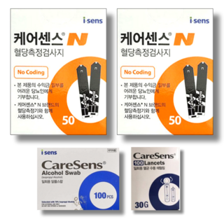 와이엘 케어센스N 시험지 100매+알콜솜 100매+채혈침 100개 (혈당 측정 검사지 당뇨 스트립 strip 아이센스 Caresense 프리미어), 시험지 100매 +채혈침 100개+알콜솜 100매, 1개