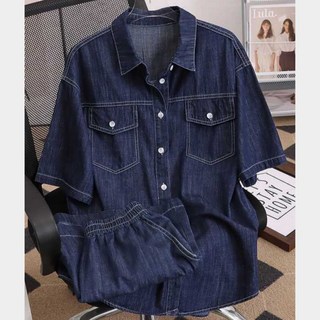 호미존 여성 여름 데님 청 반팔 티셔츠 밴딩 반바지 투피스 세트 캐주얼 셋업 빅사이즈
