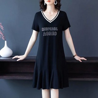 ROYALBELLE 여성 브이넥 반팔 면혼방 미디 기장 원피스 루즈핏 레터링 포인트 빅사이즈 캐주얼 원피스 F0052614