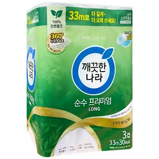 깨끗한나라 순수 프리미엄 화장지 천연펄프 고급롤화장지, 33m, 30개입, 2개