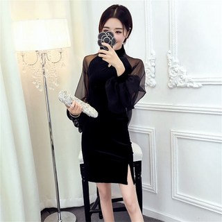 besteffie 여성 봄 가을 겨울 소매 투명 망사 디자인 하이넥 미니드레스 가슴펀칭 포인트 슬림핏 벨벳 원피스 K18